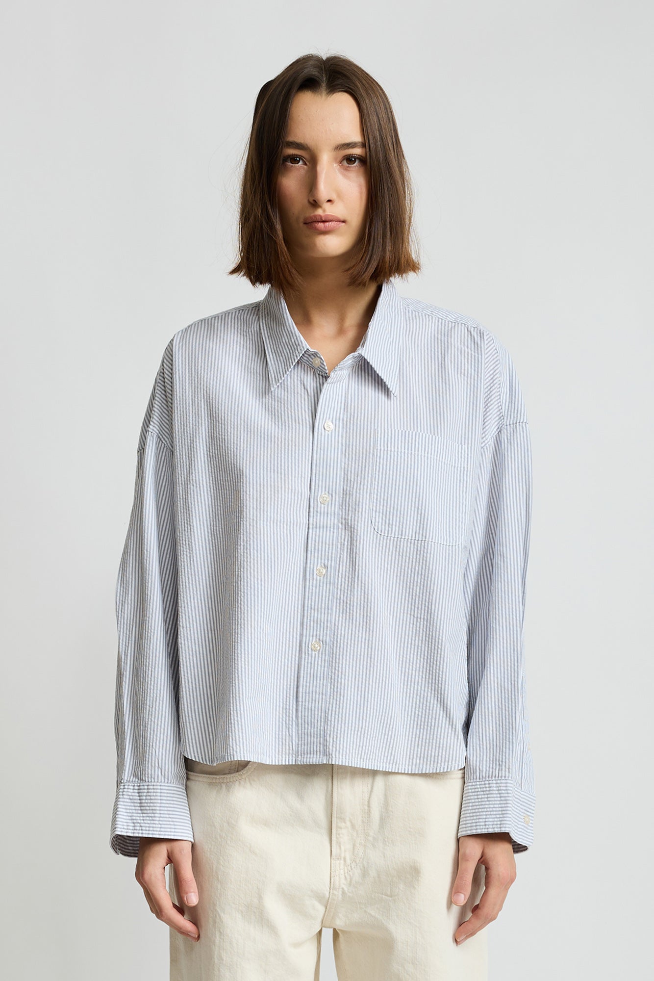 Bailey Cropped Shirt - Light Grey Seersucker Stripe