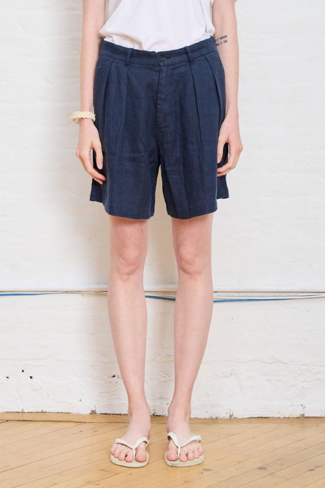 Double Pleat Shorts - Navy Linen