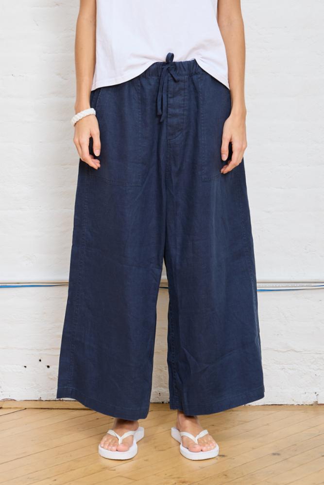 Palazzo Drawstring Utility Pant - Navy Linen