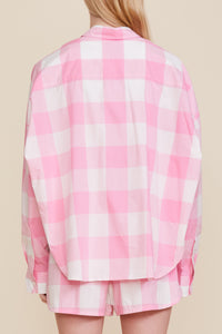 Cropped Button Front Shirt - Pink Gingham