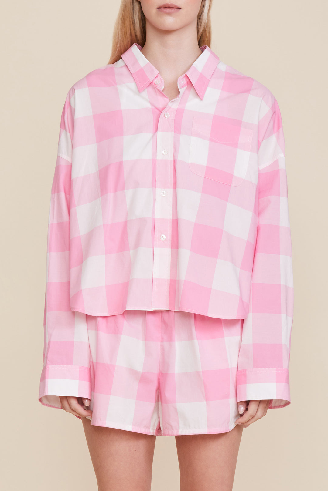 Cropped Button Front Shirt - Pink Gingham