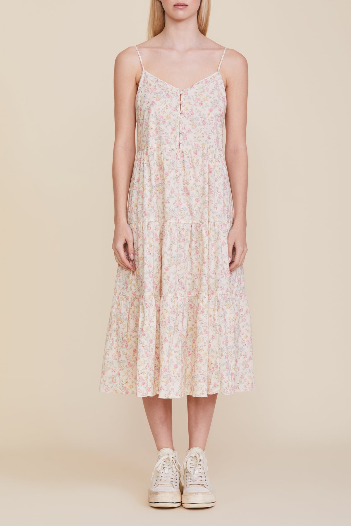 Button Front Tiered Dress - Pink Rose