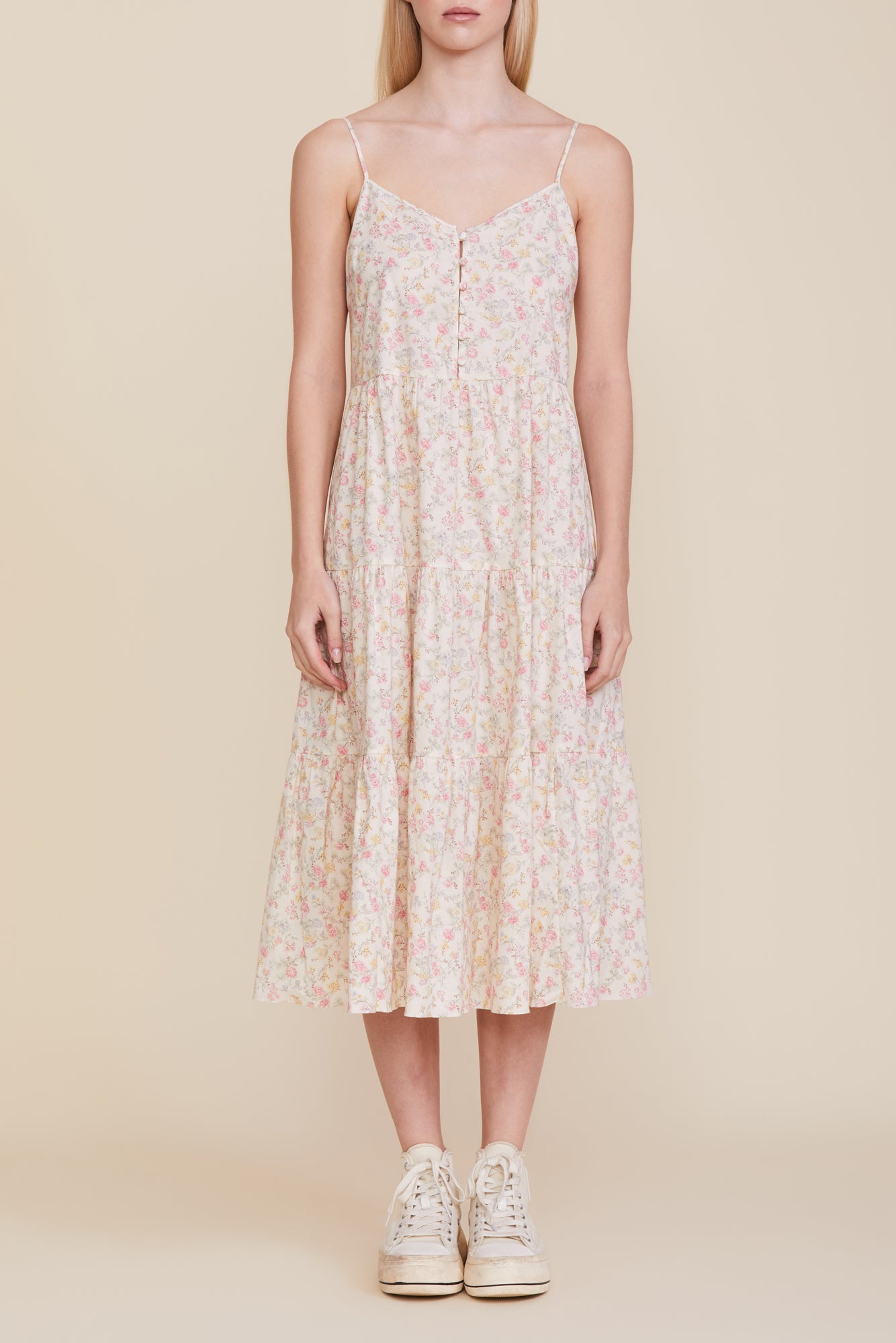 Button Front Tiered Dress - Pink Rose