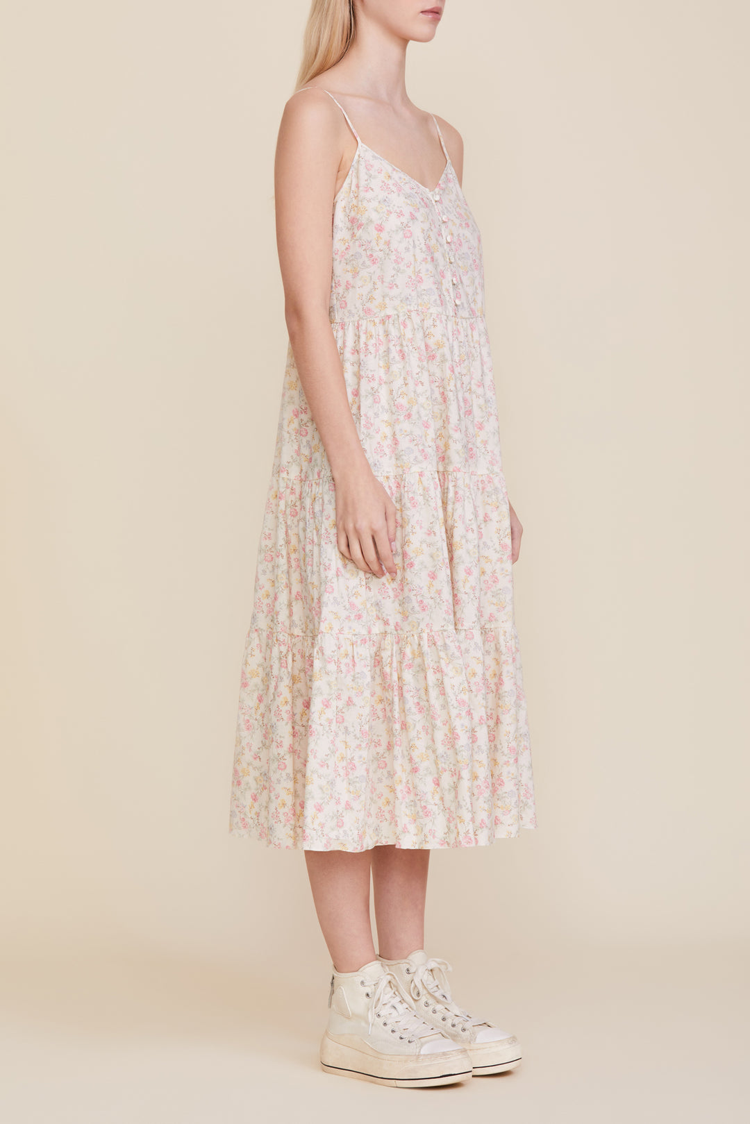 Button Front Tiered Dress - Pink Rose