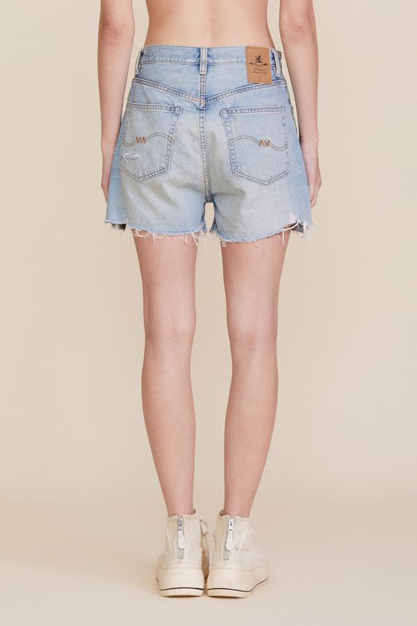 ☆Destroyed Denim Shorts/KIMHEKIM☆ Heart Stamped Denim Shorts (Sky Blue) - KIMHĒKIM